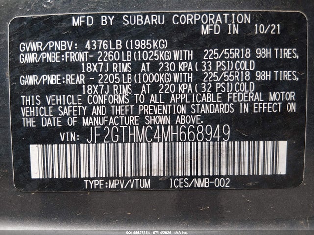 Auction sale of the 2021 Subaru Crosstrek Limited, vin: JF2GTHMC4MH668949, lot number: 45627654