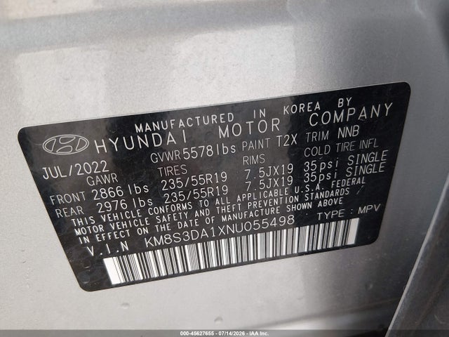 Aukcja sprzedaży 2022 Hyundai Santa Fe Hybrid Sel Premium, vin: KM8S3DA1XNU055498, numer aukcji: 45627655