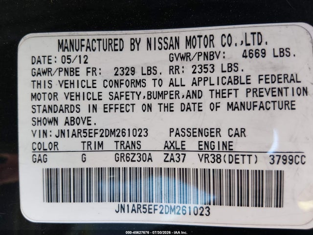 45627676 :رقم المزاد ، JN1AR5EF2DM261023 vin ، 2013 Nissan Gt-r Premium مزاد بيع