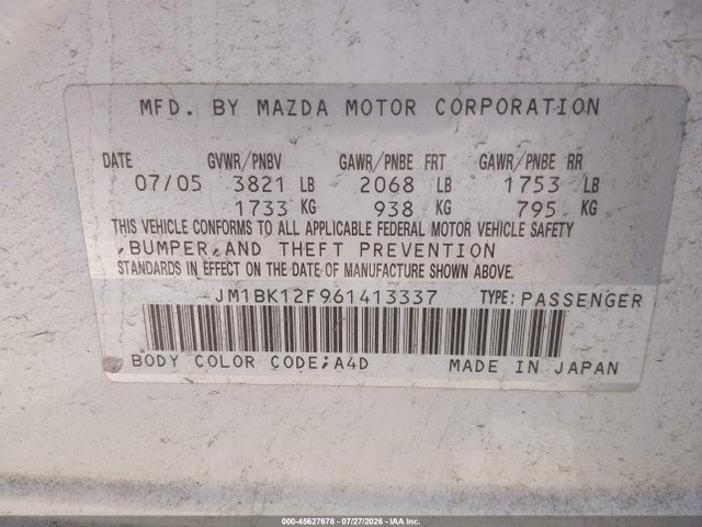 45627678 :رقم المزاد ، JM1BK12F961413337 vin ، 2006 Mazda Mazda3 I Touring مزاد بيع