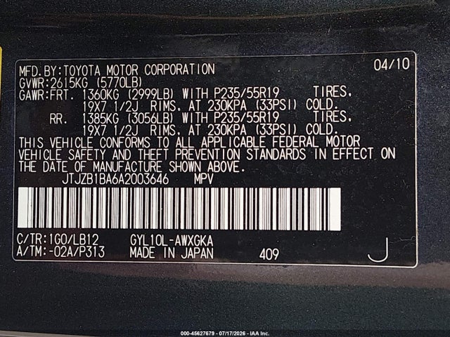 Продажа на аукционе авто 2010 Lexus Rx 450h, vin: JTJZB1BA6A2003646, номер лота: 45627679