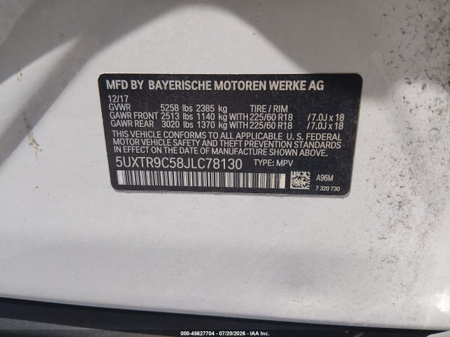 45627704 :رقم المزاد ، 5UXTR9C58JLC78130 vin ، 2018 Bmw X3 Xdrive30i مزاد بيع