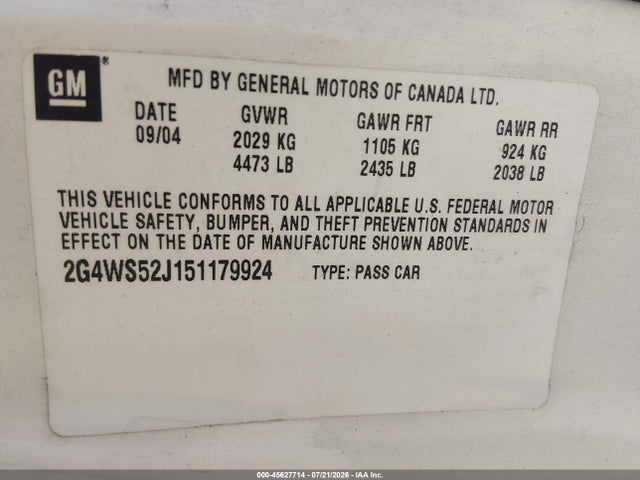 2005 Buick Century მანქანა იყიდება აუქციონზე, vin: 2G4WS52J151179924, აუქციონის ნომერი: 45627714
