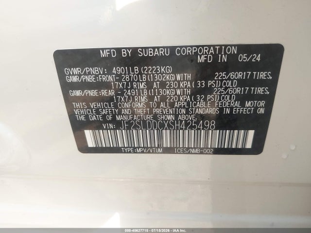 45627715 :رقم المزاد ، JF2SLDDCXSH425498 vin ، 2025 Subaru Forester Premium مزاد بيع