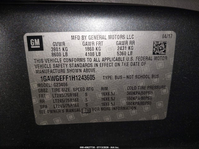 1GAWGEFF1H1243605 Chevrolet Express 2500 Ls