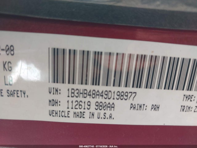45627745 :رقم المزاد ، 1B3HB48A49D198977 vin ، 2009 Dodge Caliber Sxt مزاد بيع