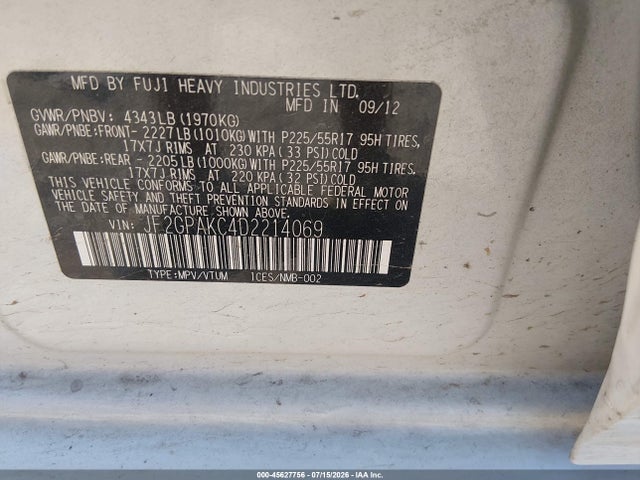 45627756 :رقم المزاد ، JF2GPAKC4D2214069 vin ، 2013 Subaru Xv Crosstrek 2.0i Limited مزاد بيع