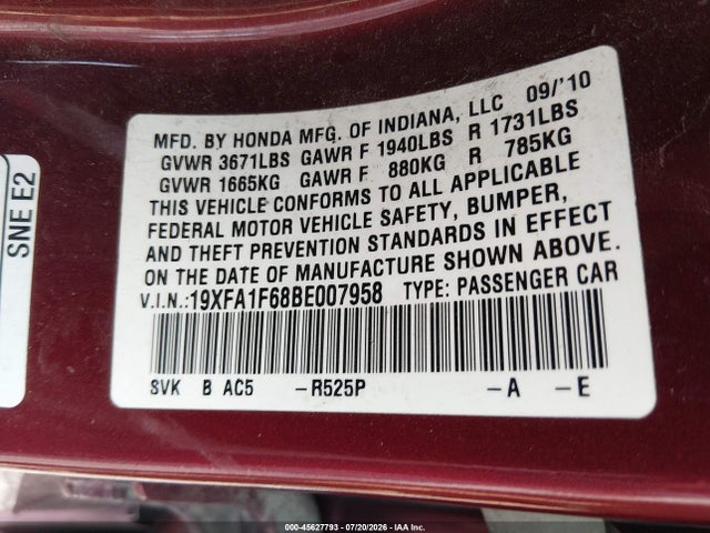 Aukcja sprzedaży 2011 Honda Civic Lx-s, vin: 19XFA1F68BE007958, numer aukcji: 45627793