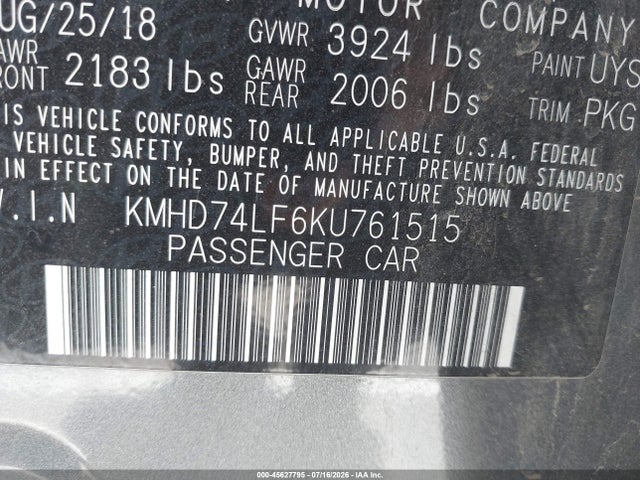 2019 Hyundai Elantra Se მანქანა იყიდება აუქციონზე, vin: KMHD74LF6KU761515, აუქციონის ნომერი: 45627795