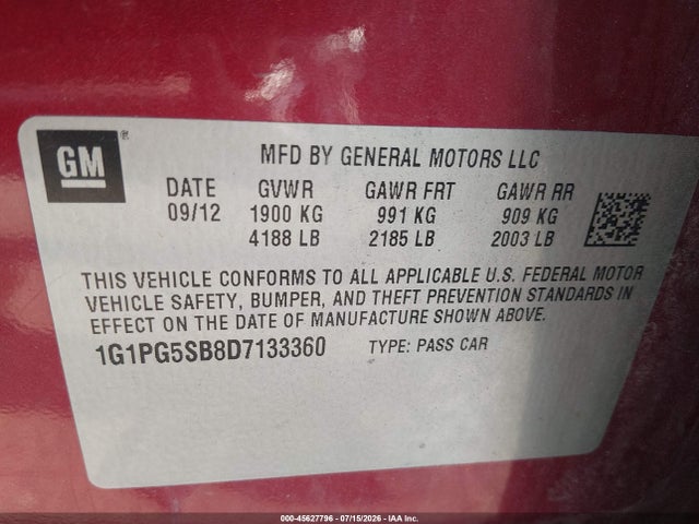 45627796 :رقم المزاد ، 1G1PG5SB8D7133360 vin ، 2013 Chevrolet Cruze Ltz مزاد بيع