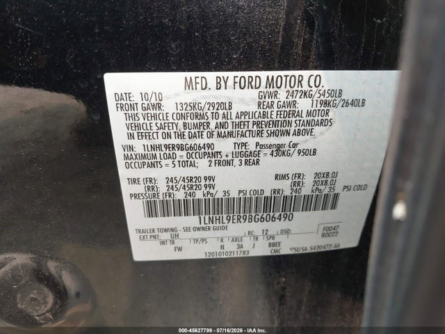 2011 Lincoln Mks მანქანა იყიდება აუქციონზე, vin: 1LNHL9ER9BG606490, აუქციონის ნომერი: 45627799