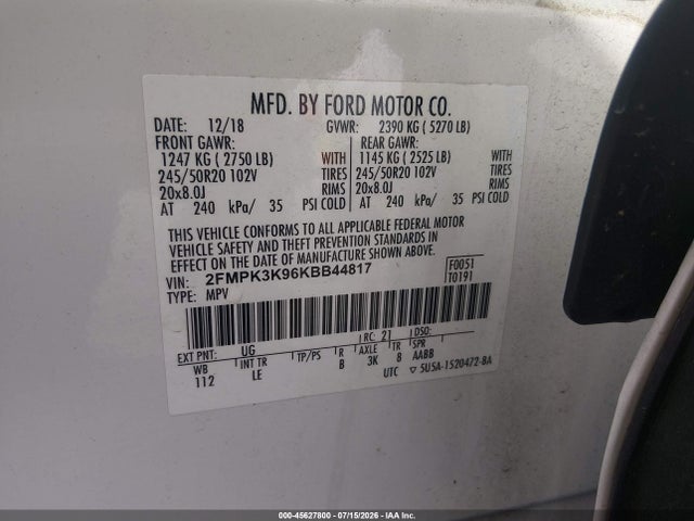 45627800 :رقم المزاد ، 2FMPK3K96KBB44817 vin ، 2019 Ford Edge Titanium مزاد بيع