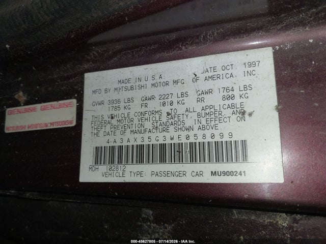 45627805 :رقم المزاد ، 4A3AX35G3WE058099 vin ، 1998 Mitsubishi Eclipse Spyder Gs مزاد بيع