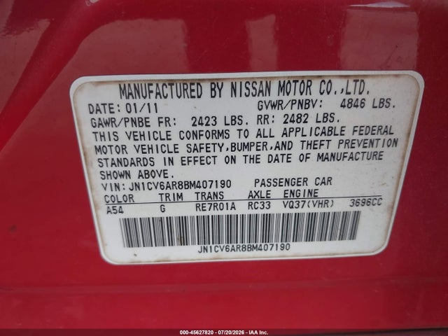 Продаж на аукціоні авто 2011 Infiniti G37x, vin: JN1CV6AR8BM407190, номер лоту: 45627820