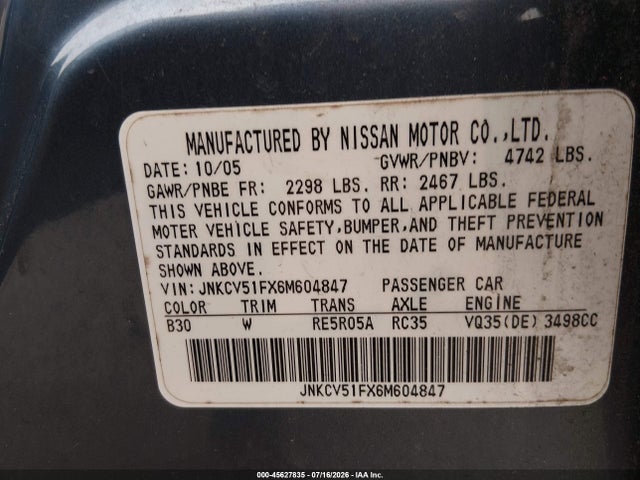 2006 Infiniti G35x მანქანა იყიდება აუქციონზე, vin: JNKCV51FX6M604847, აუქციონის ნომერი: 45627835
