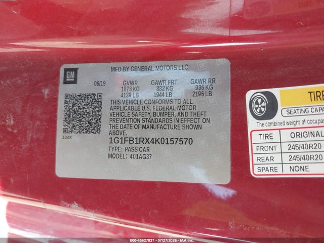 45627837 :رقم المزاد ، 1G1FB1RX4K0157570 vin ، 2019 Chevrolet Camaro 1lt مزاد بيع