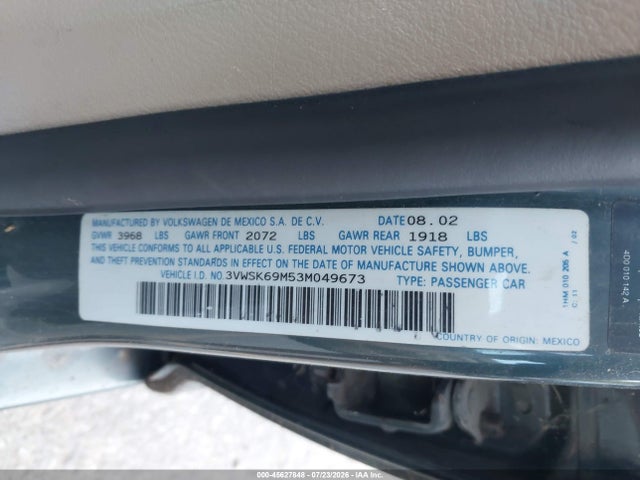 Aukcja sprzedaży 2003 Volkswagen Jetta Gls 2.0l, vin: 3VWSK69M53M049673, numer aukcji: 45627848