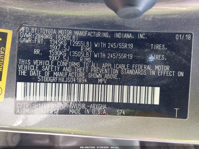 5TDDGRFHXJS041894 Toyota Highlander Hybrid Limited Platinum