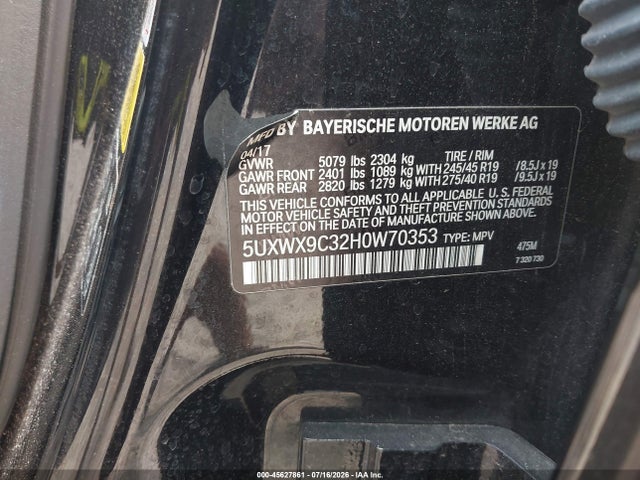 45627861 :رقم المزاد ، 5UXWX9C32H0W70353 vin ، 2017 Bmw X3 Xdrive28i مزاد بيع