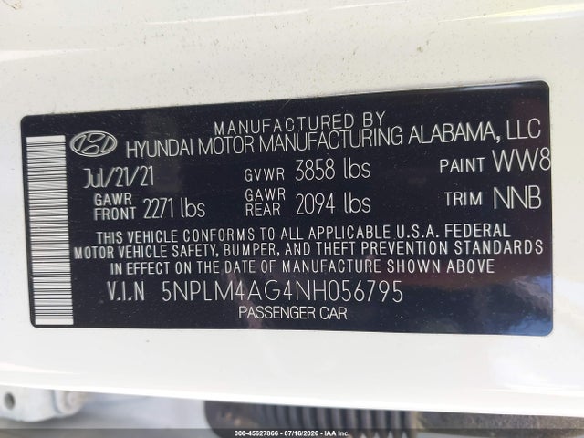 2022 Hyundai Elantra Sel მანქანა იყიდება აუქციონზე, vin: 5NPLM4AG4NH056795, აუქციონის ნომერი: 45627866