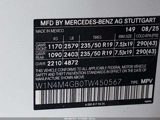 Продаж на аукціоні авто 2026 Mercedes-benz Glb 250, vin: W1N4M4GB0TW450567, номер лоту: 45627873