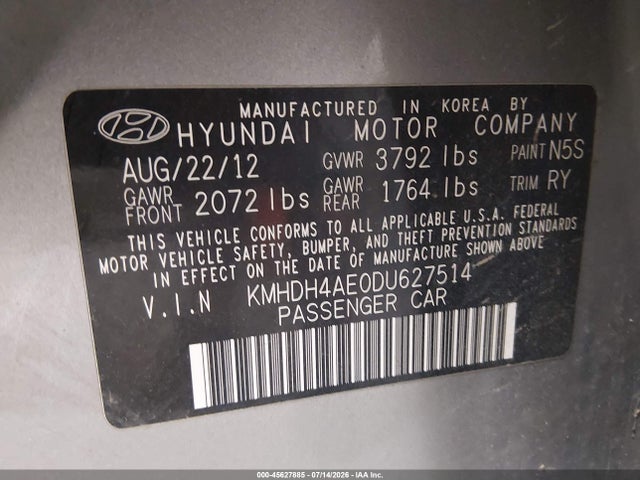 45627885 :رقم المزاد ، KMHDH4AE0DU627514 vin ، 2013 Hyundai Elantra Limited مزاد بيع