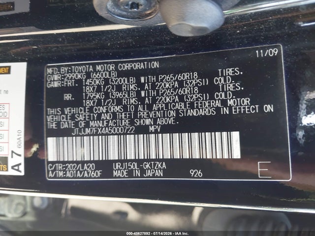 Aukcja sprzedaży 2010 Lexus Gx 460 Premium, vin: JTJJM7FX4A5000722, numer aukcji: 45627892