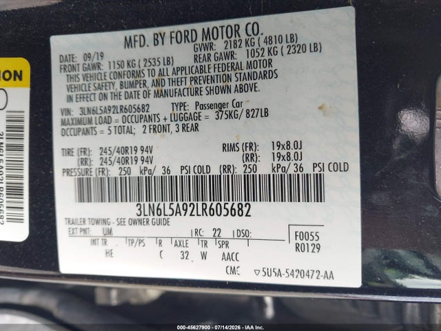Продажа на аукционе авто 2020 Lincoln Mkz Standard, vin: 3LN6L5A92LR605682, номер лота: 45627900
