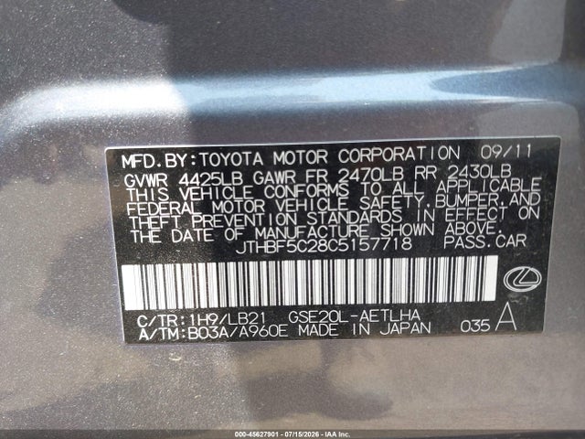 Aukcja sprzedaży 2012 Lexus Is 250, vin: JTHBF5C28C5157718, numer aukcji: 45627901