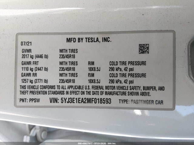 Tesla Model 3 Standard Range Plus Rear-wheel Drive 2021 5YJ3E1EA2MF018593 Image 9