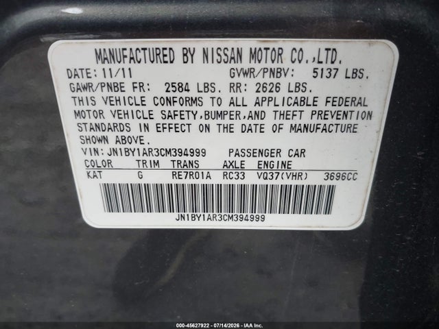 45627922 :رقم المزاد ، JN1BY1AR3CM394999 vin ، 2012 Infiniti M37x مزاد بيع