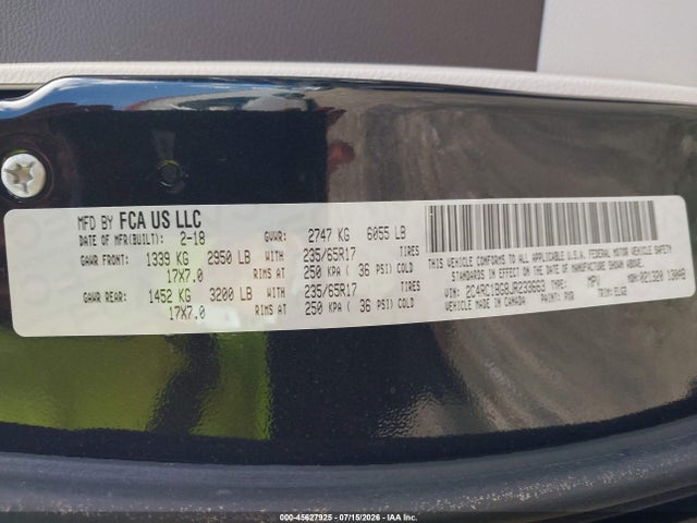 Aukcja sprzedaży 2018 Chrysler Pacifica Touring L, vin: 2C4RC1BG8JR233663, numer aukcji: 45627925