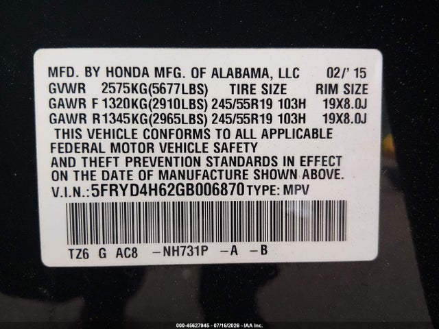45627945 :رقم المزاد ، 5FRYD4H62GB006870 vin ، 2016 Acura Mdx Technology   Entertainment Packages/technology, Entertainment   Acurawatch Plus Packages مزاد بيع