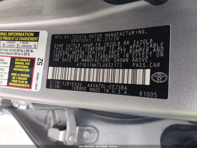 Aukcja sprzedaży 2020 Toyota Camry Se, vin: 4T1G11AK7LU932173, numer aukcji: 45627976