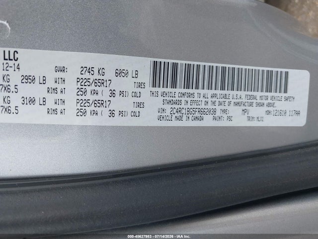 Aukcja sprzedaży 2015 Chrysler Town & Country Touring, vin: 2C4RC1BG5FR662038, numer aukcji: 45627983