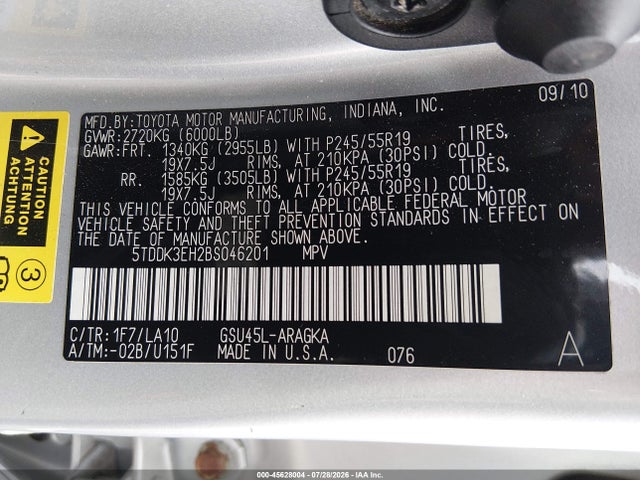 Aukcja sprzedaży 2011 Toyota Highlander Limited V6, vin: 5TDDK3EH2BS046201, numer aukcji: 45628004