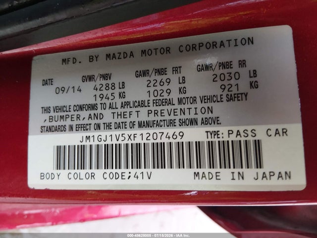 Aukcja sprzedaży 2015 Mazda Mazda6 I Touring, vin: JM1GJ1V5XF1207469, numer aukcji: 45628005