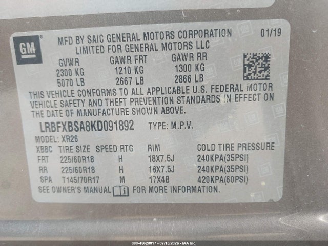 Aukcja sprzedaży 2019 Buick Envision Fwd Preferred, vin: LRBFXBSA8KD091892, numer aukcji: 45628017