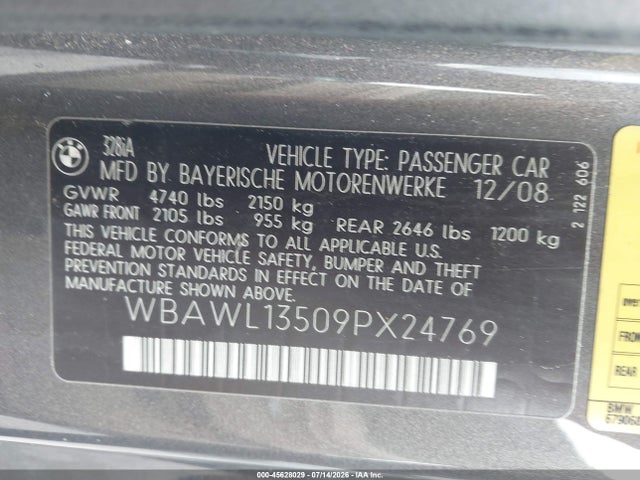 45628029 :رقم المزاد ، WBAWL13509PX24769 vin ، 2009 Bmw 328i مزاد بيع