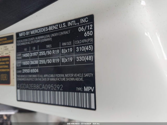 2012 Mercedes-benz Ml 350 Bluetec 4matic მანქანა იყიდება აუქციონზე, vin: 4JGDA2EB8CA095292, აუქციონის ნომერი: 45628033