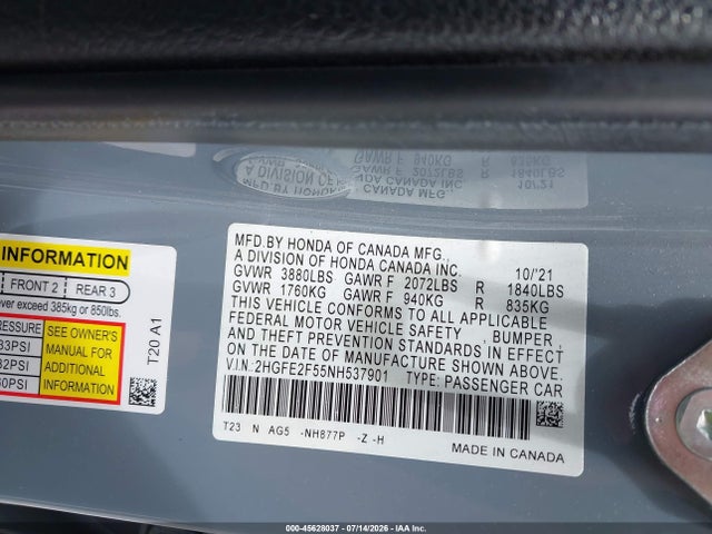 45628037 :رقم المزاد ، 2HGFE2F55NH537901 vin ، 2022 Honda Civic Sport مزاد بيع