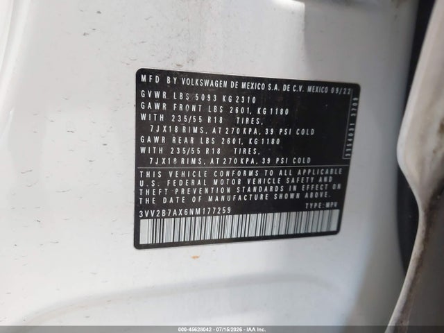 2022 Volkswagen Tiguan 2.0t Se მანქანა იყიდება აუქციონზე, vin: 3VV2B7AX6NM177259, აუქციონის ნომერი: 45628042