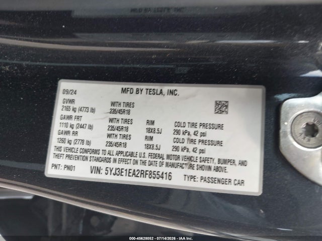 45628052 :رقم المزاد ، 5YJ3E1EA2RF855416 vin ، 2024 Tesla Model 3 Long Range Dual Motor All-wheel Drive/rear-wheel Drive مزاد بيع