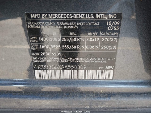 Auction sale of the 2010 Mercedes-benz Ml 350 4matic, vin: 4JGBB8GBXAA558809, lot number: 45628063