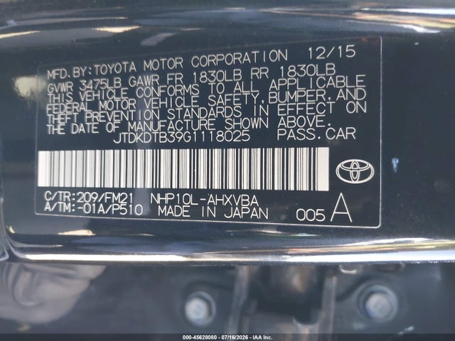 Toyota Prius C Two 2016 JTDKDTB39G1118025 Image 9