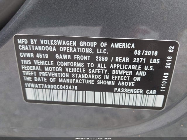 Продажа на аукционе авто 2016 Volkswagen Passat 1.8t S, vin: 1VWAT7A30GC042476, номер лота: 45628106
