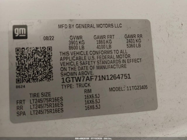 Продаж на аукціоні авто 2022 Gmc Savana Cargo Rwd 2500 Regular Wheelbase Work Van, vin: 1GTW7AF71N1264751, номер лоту: 45628108