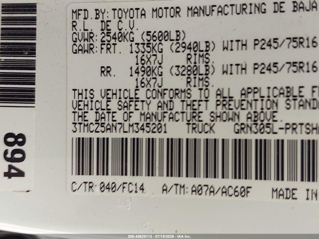 Продажа на аукционе авто 2020 Toyota Tacoma Sr5 V6, vin: 3TMCZ5AN7LM345201, номер лота: 45628113