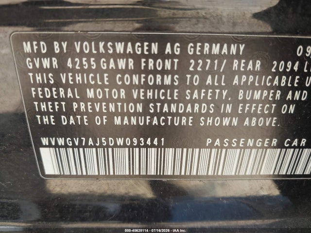 Продаж на аукціоні авто 2013 Volkswagen Gti 4-door, vin: WVWGV7AJ5DW093441, номер лоту: 45628114