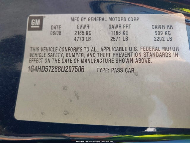 Aukcja sprzedaży 2008 Buick Lucerne Cxl, vin: 1G4HD57288U207506, numer aukcji: 45628135
